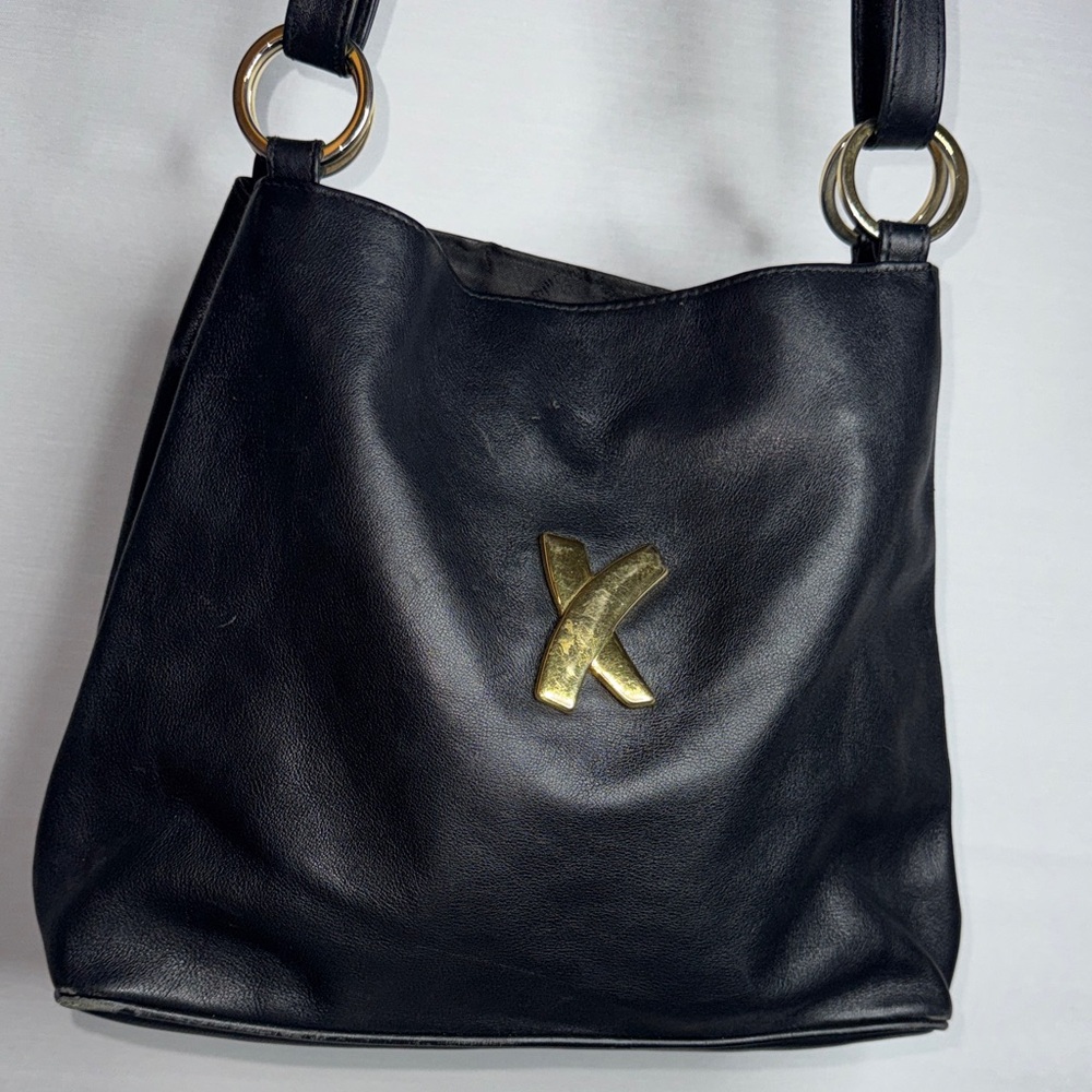 Paloma Picasso Black Leather Shoulder Bag with Gold Detail